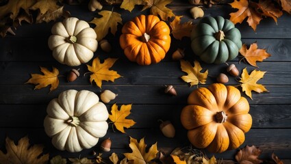 Fototapeta premium Pumpkins, leaves, and acorn squash on a dark wooden table viewed from above