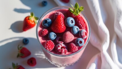 Glass of smoothie with red berries. Chilled red fruits. Nutritious breakfast