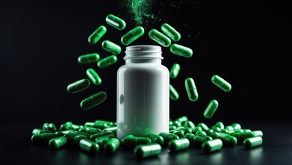 Fototapeta premium Green pills cascading into white bottle. Natural solutions and health supplements. Strong wellness and quality living.