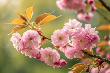 Obraz premium Cherry blossoms in spring bloom showcasing delicate pink flowers and vibrant green leaves