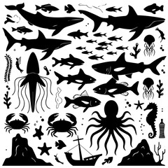 Black silhouette collection of diverse marine life including fish, sharks, octopuses, and seaweed on a white background, arranged in a dense pattern for aquatic-themed designs or illustrations.