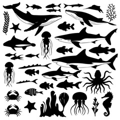 Black silhouette collection of diverse marine life including fish, sharks, octopuses, and seaweed on a white background, arranged in a dense pattern for aquatic-themed designs or illustrations.