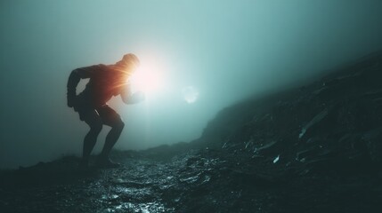 Fototapeta premium male runner pushing through exhaustion on a foggy mountain trail, their face glowing with determination--evoking resilience and triumph