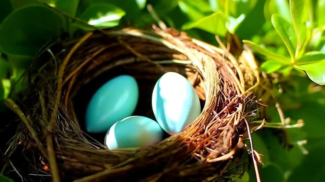 A tranquil scene unfolds as three robin's eggs nestle peacefully in a meticulously crafted nest amidst vibrant foliage. It is an intimate glimpse into the serenity of new life.