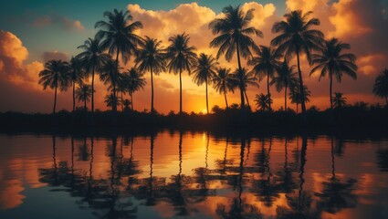 Outline of sugar palm trees set against a golden sky and morning sunrise with water reflections.