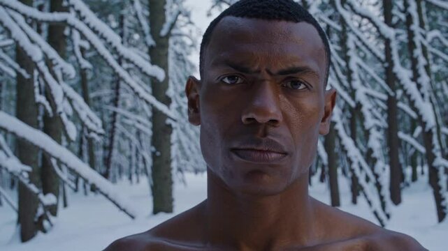 Homme torse nu dans une for&ecirc;t enneig&eacute;e avec un regard d&eacute;termin&eacute;

