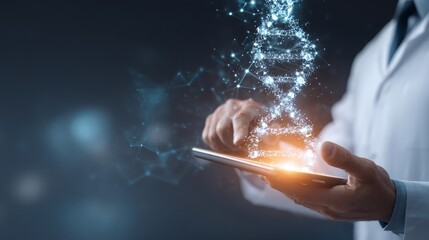 Medicine doctor touching electronic medical record on tablet. DNA. Digital healthcare and network connection on hologram modern virtual screen interface, medical technology and network concept