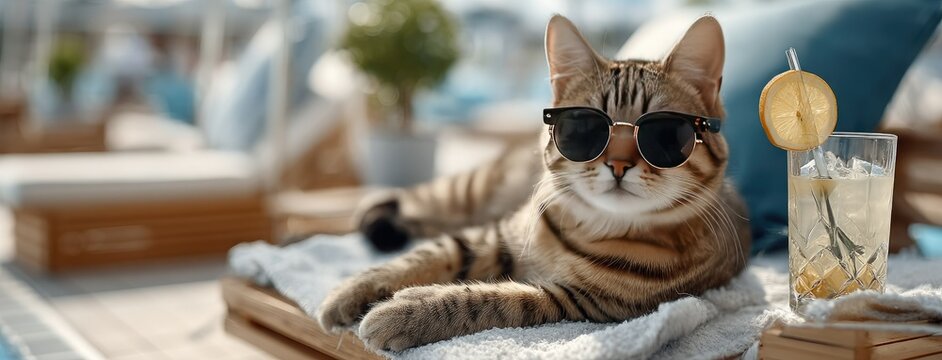 A charming cat is lounging comfortably on a sunbed, sporting stylish sunglasses and enjoying a refreshing cocktail during a delightful summer vacation under the warm sun