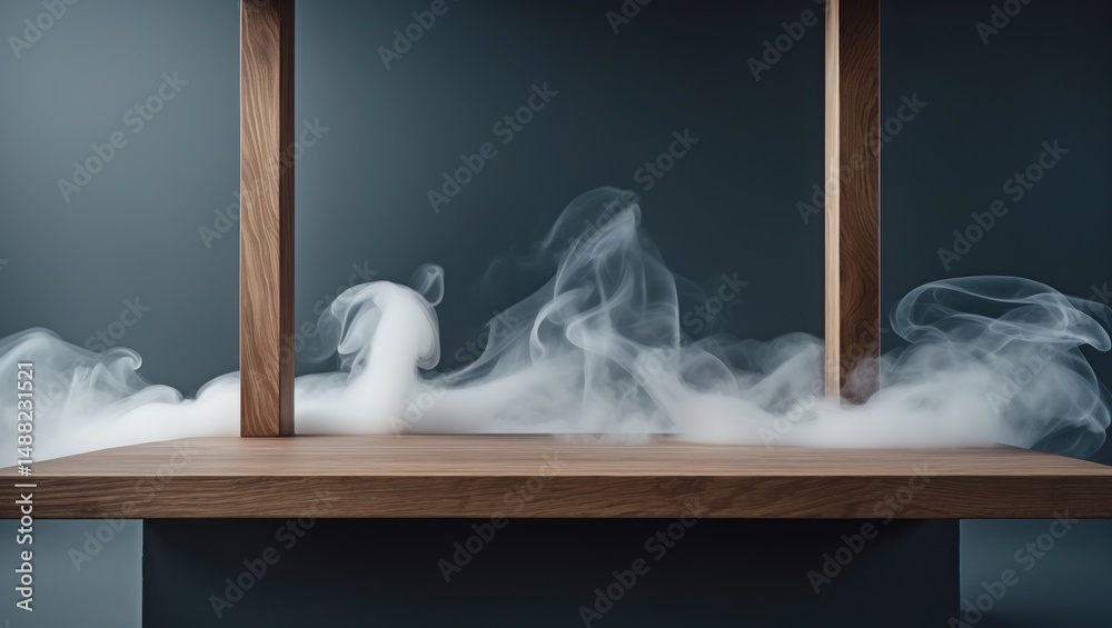 Poster perspective view of a wooden floor shelf table with smoke rising from it, serving as a backdrop for 