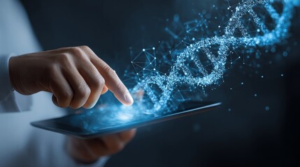 Medicine doctor touching electronic medical record on tablet. DNA. Digital healthcare and network connection on hologram modern virtual screen interface, medical technology and network concept