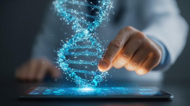 Medicine doctor touching electronic medical record on tablet. DNA. Digital healthcare and network connection on hologram modern virtual screen interface, medical technology and network concept
