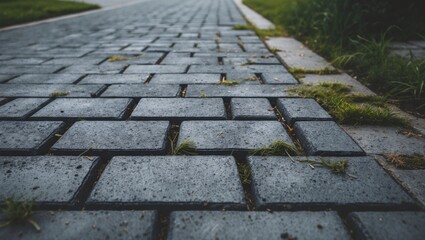 Fototapeta premium Grey interlocking brick pavement pattern with subtle grass growth, great for backgrounds, design, construction, and projects.