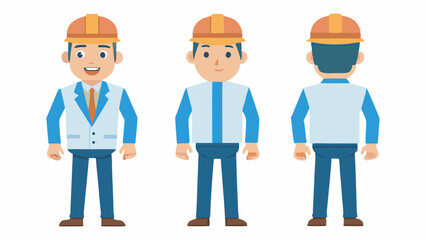 Engineer wearing hard hat. Character constructor for animation. Front, side and back Body view set. Vector illustration.