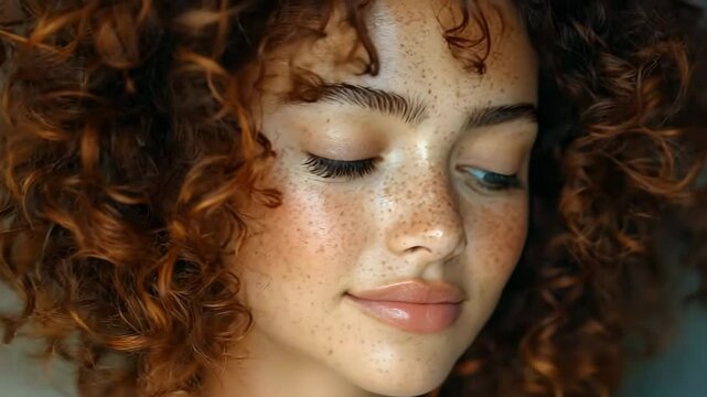 A serene portrait of a woman with natural curls and freckles