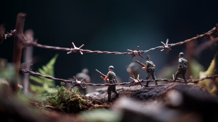 Miniature Soldiers Behind Barbed Wire in a Dark Forest