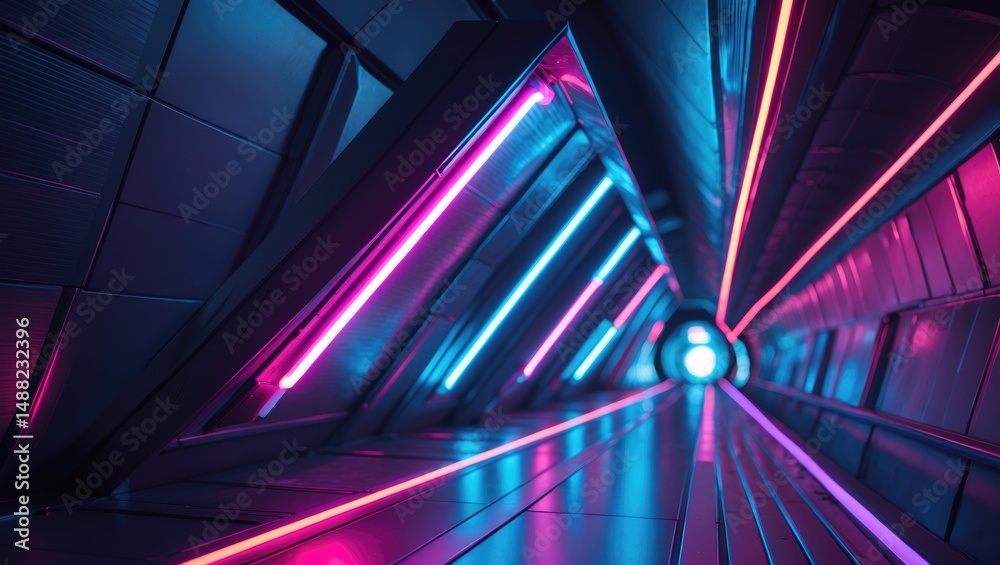 Poster image of a sci-fi futuristic neon tube illuminating a modern alien metal rectangular structure with 