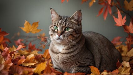Male British Shorthair Cat Among Autumn Leaves