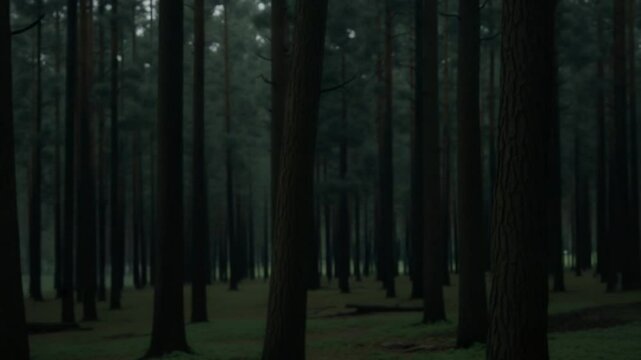 black tree trunk in a dark pine tree forest