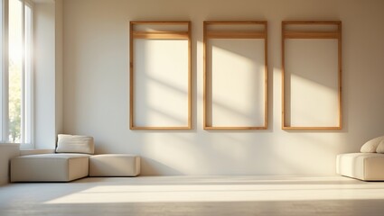 Fototapeta premium Mockup of two wooden frames in a light minimalist interior, featuring 2 empty frames on a living room wall.