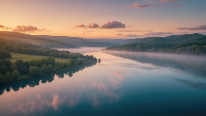 Fototapeta premium Bird's-eye view of the lake during beautiful twilight hours outdoors. Hiking concept.