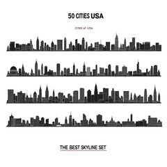 Fototapeta premium USA Cities Skyline Silhouette on White Background Set. Urban Landscape Design