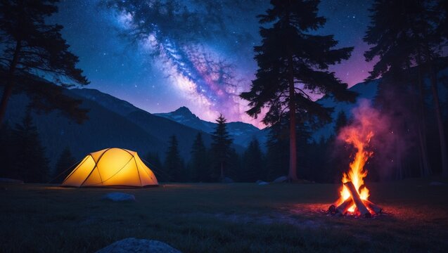 Expansive view of stunning mountain scenery featuring a lit tourist tent and campfire beneath a star-filled sky. Theme of nighttime camping and astrophotography.