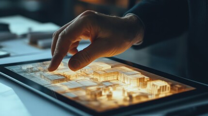 Male architect with glasses adjusts pen while reviewing building designs on a tablet screen.
