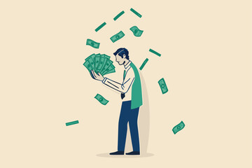 Earn money make profit from investment, savings, income or salary increase, get rich and earn more wealth concept, happy businessman millionaire holding easy money banknotes as financial success.
