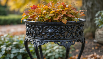 Ornate Outdoor Plant Stand with Autumnal Foliage