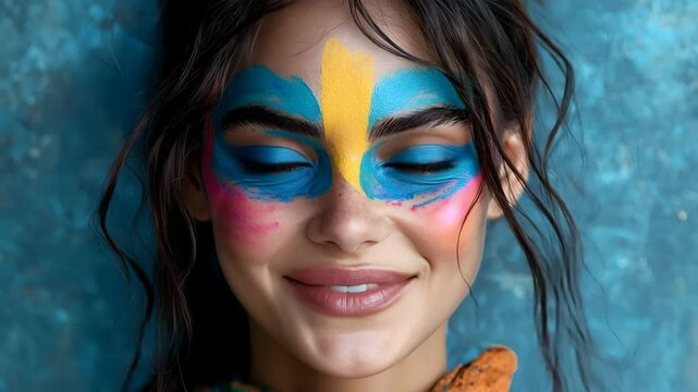 Vibrant portrait of a woman with bold face paint and dramatic hair