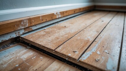 Near and detailed shot of a plywood subfloor featuring wear, dirt, and paint marks, exposing an unfinished flooring gap near the baseboard in a home remodeling setting