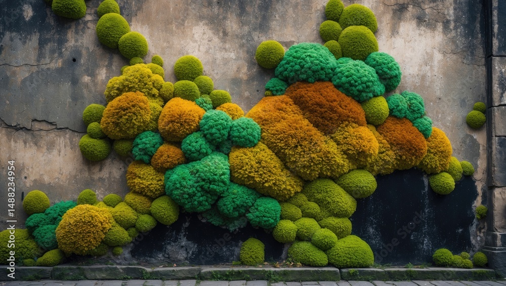 Poster Complete view of a weathered wall from a historic structure adorned with multicolored moss.