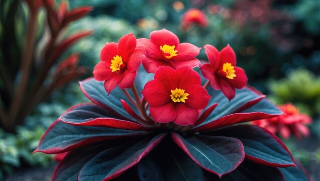 Colorful background showcasing blooming begonia and acalypha flowers with red leaves, emphasizing the flower's beauty and vibrant bloom.