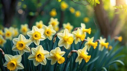 Fototapeta premium Beautiful blooming Cyclamineus daffodils in a natural garden setting
