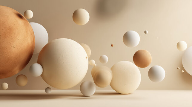 Minimalist 3D abstract with floating spheres and soft shadows on neutral beige background