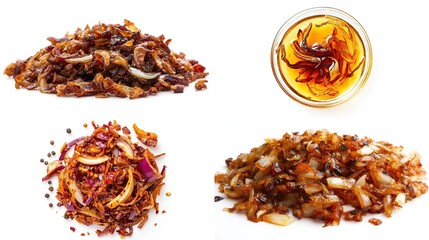 Four piles of fried onions with different preparations