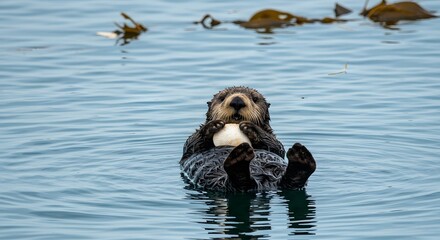 Adorable sea otter floating in ocean eating food animal wildlife photography nature scenic view calm waters on transparent background