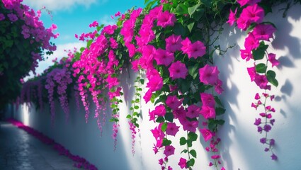 Blooming bougainvillea vines adorned with vibrant pink and purple flowers.