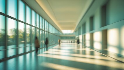 Blurred backdrop of a luminous and airy lobby with expansive windows that let in natural light, fostering a hospitable atmosphere for guests and highlighting architectural elegance.