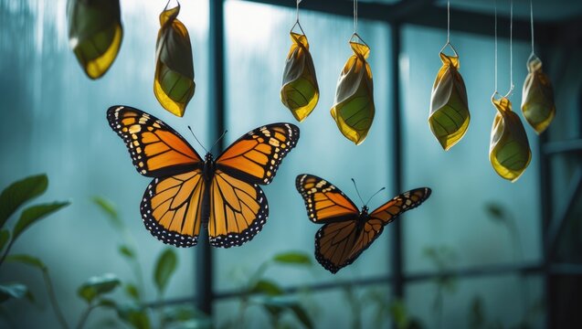 Emerging Monarch butterflies in their habitat. A number of chrysalises dangling from the ceiling. Butterflies that have just emerged drying their wings.