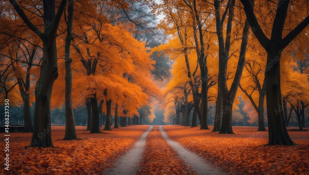 Poster picturesque autumn pathway surrounded by colorful leaves and golden trees in a tranquil forest setti