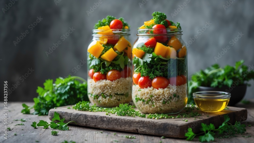 Aufkleber light and nutritious vegetarian salad featuring quinoa and vegetables in a glass container for detox
