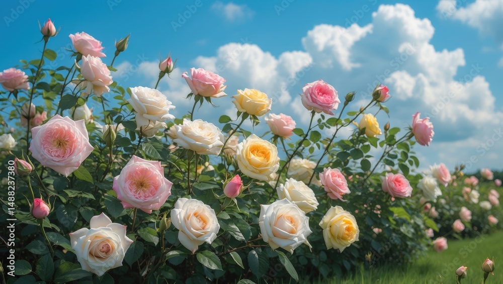 Poster a beautiful natural setting showcasing a field of spring roses.