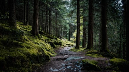 Moody Forest Path with Mossy Trees and Soft Light