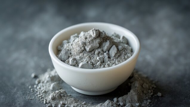 Small white bowl containing gray bentonite clay.