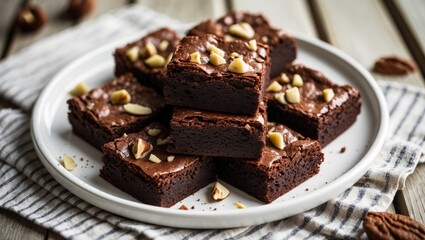 Homemade chocolate brownies on a white plate, viewed from a low angle. Close-up.