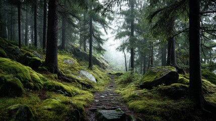 Fototapeta premium Moody Forest Path with Mossy Trees and Soft Light