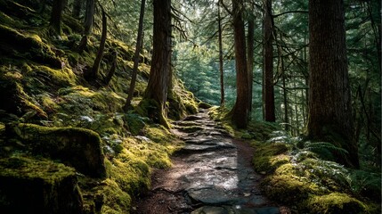 Fototapeta premium Moody Forest Path with Mossy Trees and Soft Light