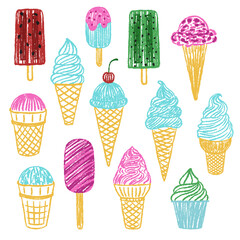 Ice cream. Different types of ice cream. Waffle cones, fruit ice cream. Pastel drawings. Chalk ice cream. Vector illustration with pastel texture