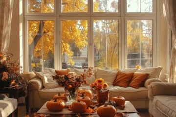 Living room decorated with pumpkins and autumn leaves in front of a large window